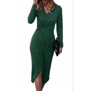 NEW Long Sleeve Midi V Neck Twist Waist Bodycon Ribbed Knit Midi Dress S